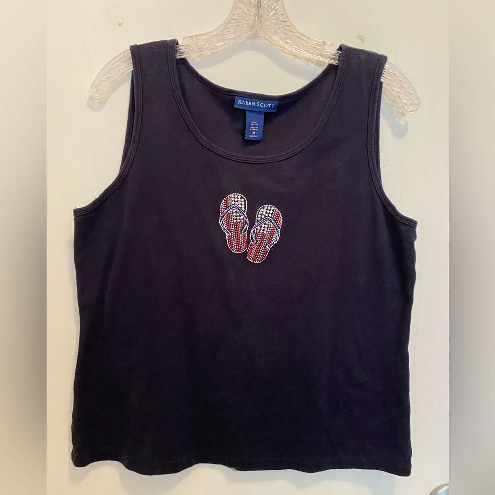 Karen Scott sleeveless dark blue tee shirt with embellished flip flops. Size M